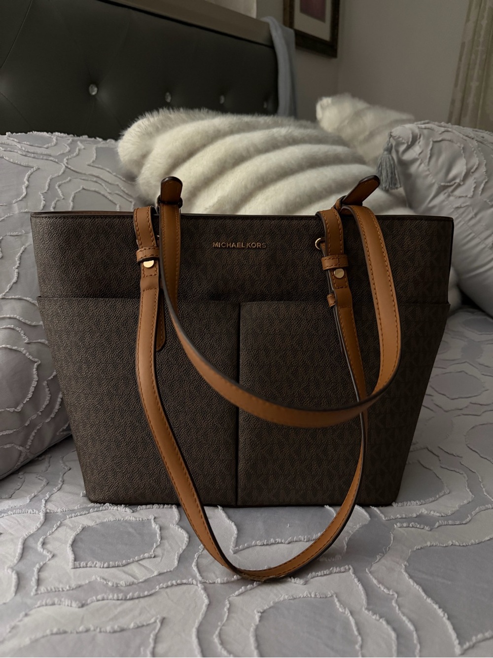 Michael Kors Brown Signature Tote with Tan Leather Straps